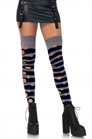 Distressed Striped Thigh Highs grey