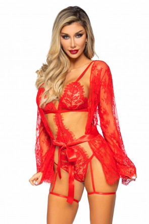 3pc Set - Red Teddy, Lace Robe & Ribbon Tie